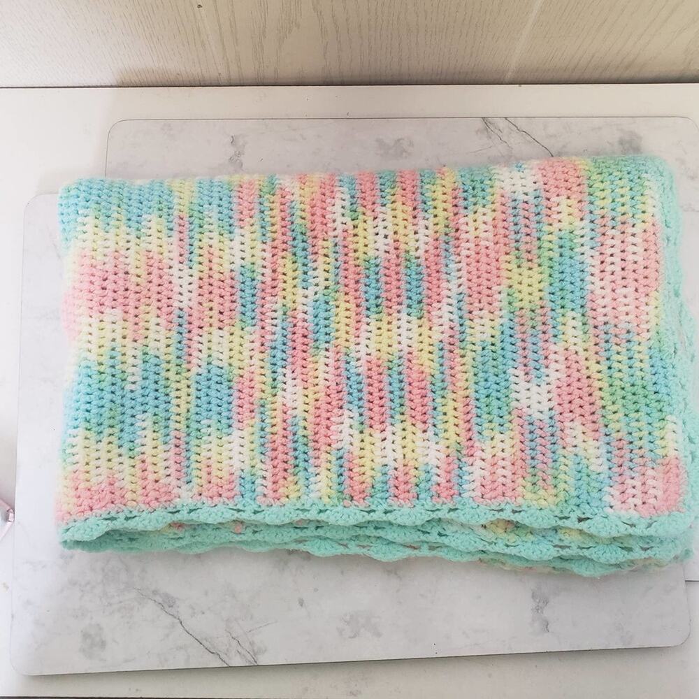 Crochet multi color baby crib blanket size 36"×30"scalloped edge swaddle